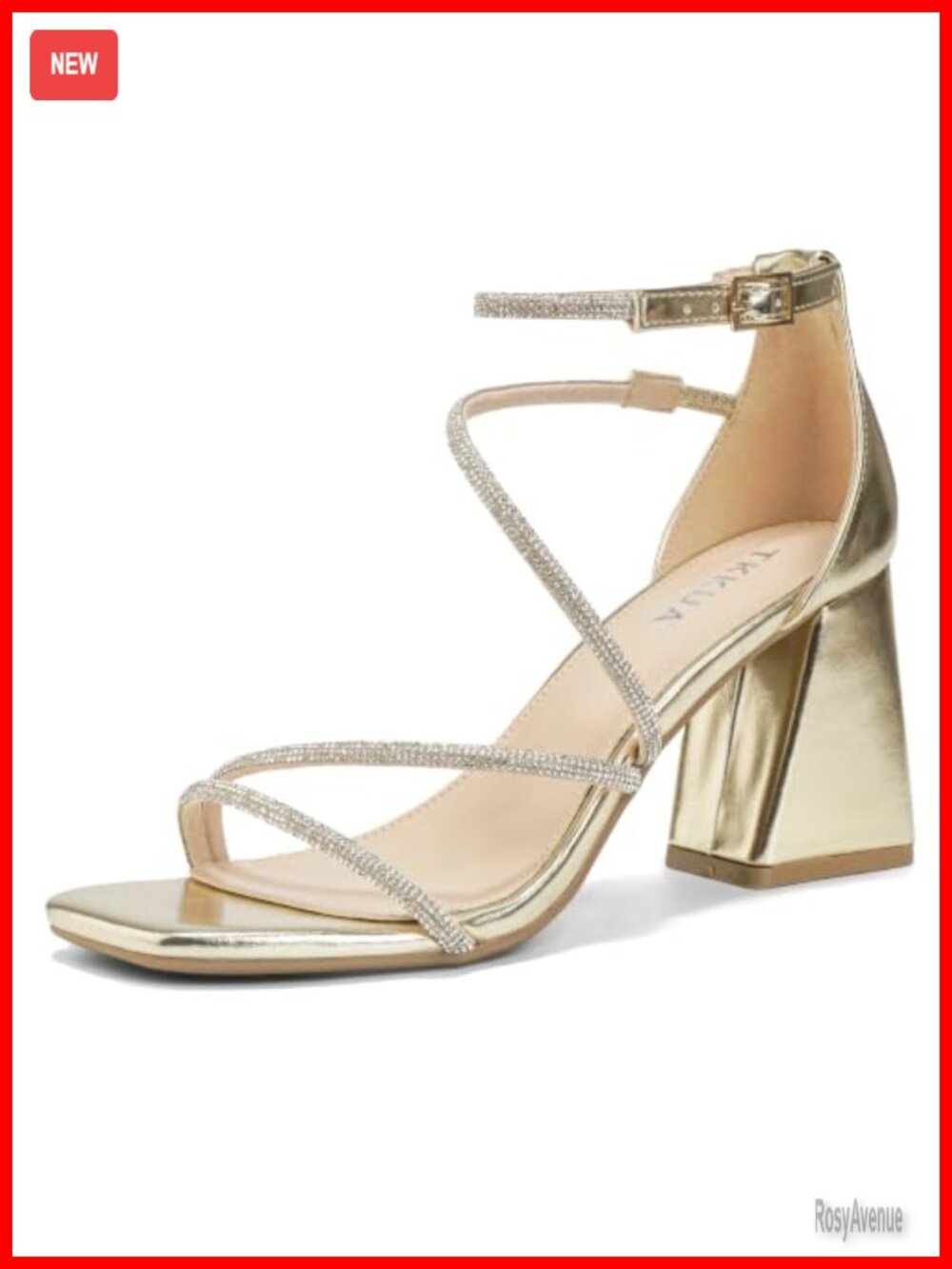 Rhinestone Strap Square Toe Chunky Heel Sandals | Dressy Evening Party Heels
